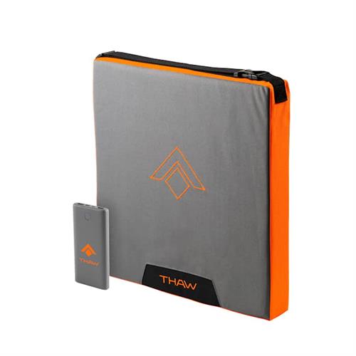 Grå og oransje varmepute med powerbank, begge med "THAW"-logo. Enkel geometrisk logo på puten.